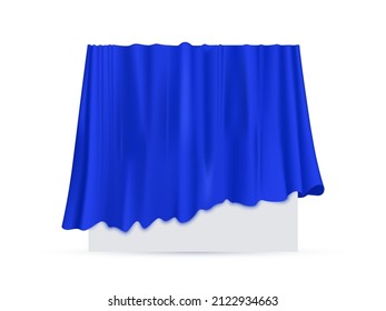 Blue cloth drapery covering rectangle table. Silk fabric hanging on gift for surprise reveal vector illustration. Hidden secret under veil decoration. Mysterious presentation event.