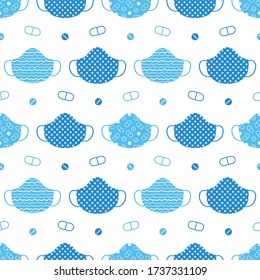 Blue cloth masks, sheet masks for face and pills seamless pattern backround.
