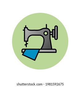 blue cloth and sewing machine icon on a light green circle background