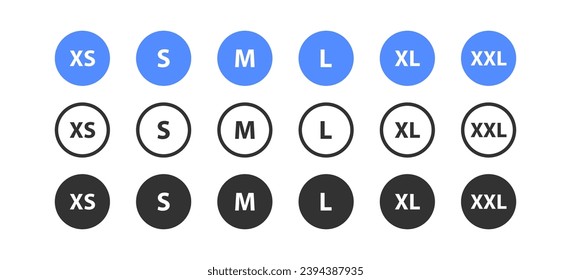 Blue clothes label size, tag S, XS, M, L, XL, XXL symbols. Textile badges with seams and fabric texture. Shopping sticker. Vector illustration.