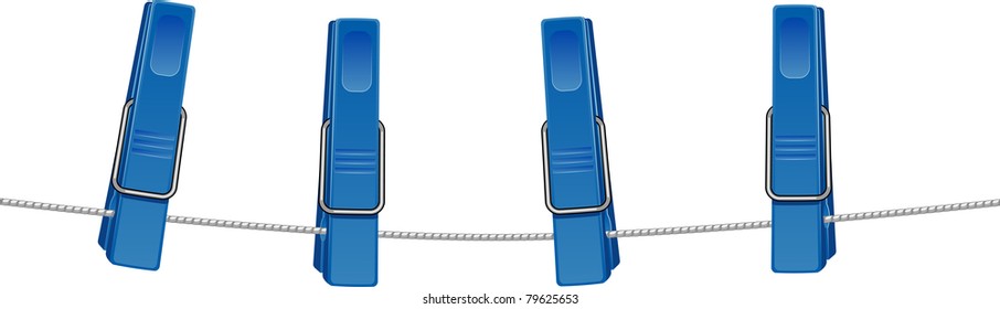 Blue clothespins on a string. Isolated on white