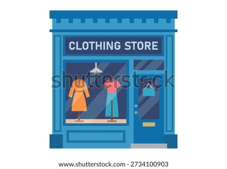 Blue clothing store facade with shop window and mannequins