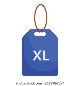 Blue clothing tag with xl size sign is hanging on a string