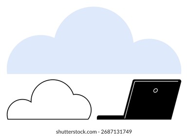 Blue cloud above black laptop and black outlined cloud. Ideal for cloud storage, data access, online services, technology advancements, internet connectivity, modern computing, digital solutions