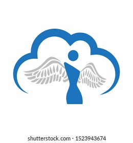 Blue cloud and abstract female figure with angel wings, vector