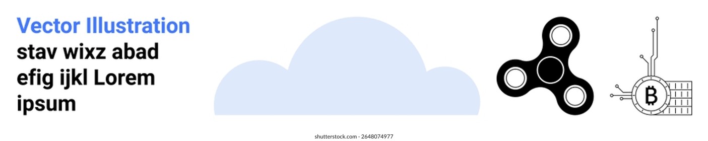 Nuvem azul com texto abstrato, fidget rotor preto, ilustração de engrenagem mecânica, Ideal para marca de tecnologia, blogs, materiais educacionais, marketing, cartazes, mídias sociais e web design. Aterrissagem