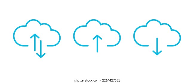 Nube azul con conjunto de iconos de flecha.  Nube de colección con icono de línea de flecha.