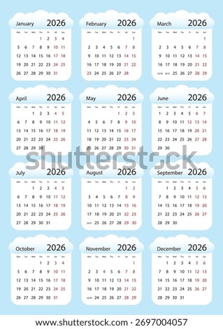 blue cloud calendar 2026 template design vector