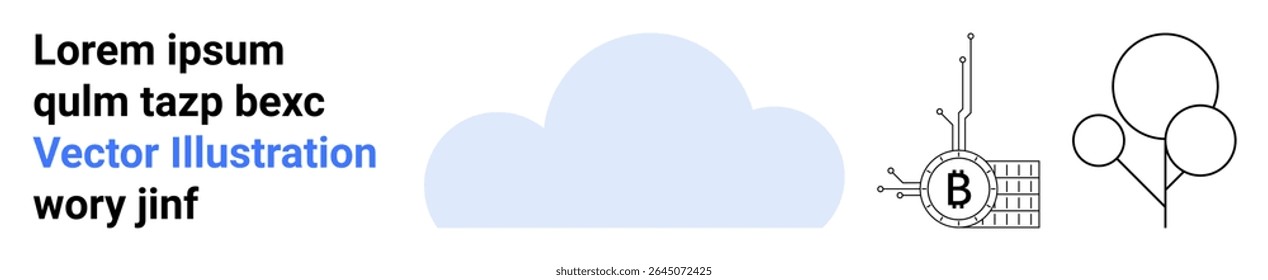 Blue cloud in center with black blockchain symbol and balloons at right. Ideal for tech, innovation, cloud computing, blockchain, education, data security, marketing campaigns. Landing page