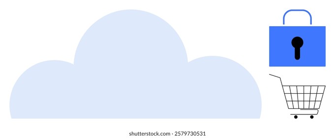 Blue cloud, closed padlock and shopping cart symbolizing cloud computing, data security and e-commerce. Ideal for cloud services, online shopping, cybersecurity, data protection and digital commerce