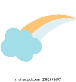 A blue cloud with a colorful rainbow stretching out. The rainbow has shades of orange and light blue.

