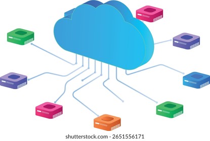 Blue Cloud Computing connection. A cloud connected to various servers through a network of lines, with clear space around the graphic for text and transparent background. Isometric for Data center 