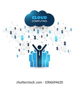 Blue Cloud Computing Design Concept with Standing Businessmen, Icons and World Map - Digital Network Connections, Technology Background, Vector Template