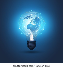 Blue Cloud Computing, Electric and Global Network Connections Concept Design with Earth Globe Inside a Glowing Light Bulb, Transparent 3D Geometric Mesh Around - Illustration in Editable Vector Format