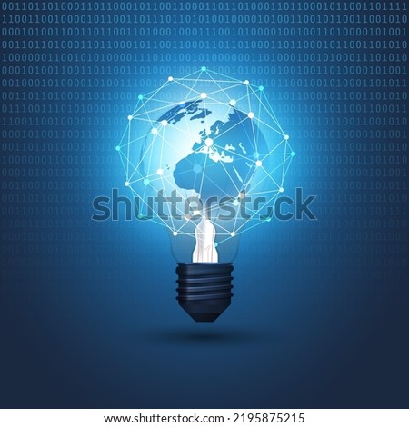 Blue Cloud Computing, Electric and Global Network Connections Concept Design with Earth Globe Inside a Glowing Light Bulb, Transparent 3D Geometric Mesh Around - Illustration in Editable Vector Format