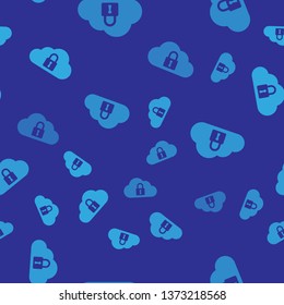 Blue Cloud computing lock icon isolated seamless pattern on blue background. Security, safety, protection concept. Vector Illustration