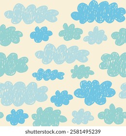 Blue Cloud Crayon Silhouette Seamless Pattern. Sketch Sky Heaven Background. Hand Drawn Vector Wallpaper