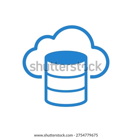 blue cloud database icon featuring a striped cylindrical database overlapping a cloud outline representing cloud hosted data storage remote server management scalable infrastructure and online backup solutions