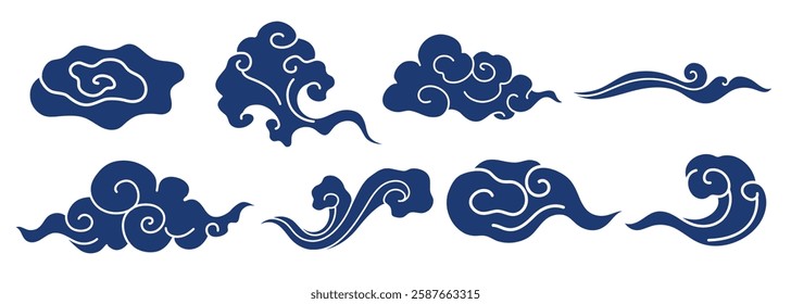 Blue cloud designs in various swirling shapes. Decorative cloud patterns, swirling cloud motifs, artistic cloud elements in a series of blue designs. Chinese weather elements, vector set.
