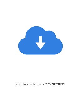 blue cloud download icon with white arrow representing cloud storage data backup file transfer and online server access for digital computing and internet services