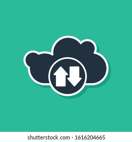 Blue Cloud download and upload icon isolated on green background.  Vector Illustration