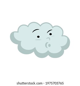 blue cloud with face, blowing, white background, vector iilustration