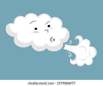 blue cloud with face, blowing, white background, vector iilustration
