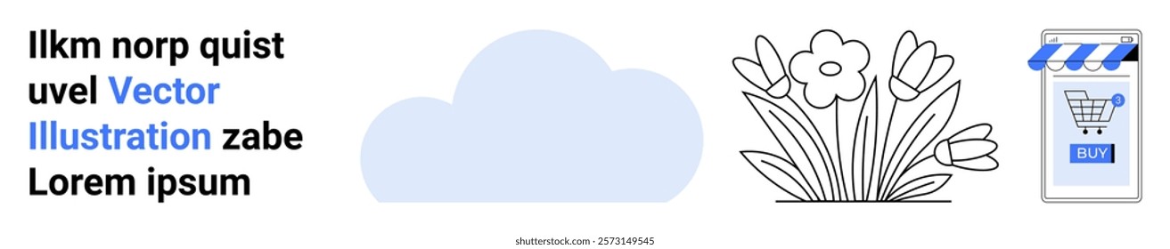 Blue cloud, flowers with leaves and petals, and smartphone shopping app accompanied by text. Ideal for e-commerce, nature, technology, spring, and digital marketing themes. Banner for landing page