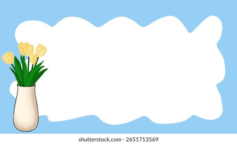 Marco de nube azul y tulipanes amarillos en florero.