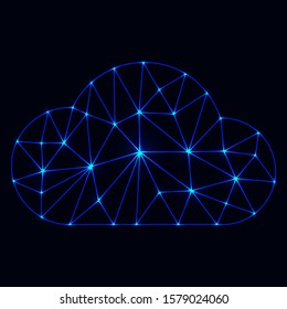 Blue cloud geometric lines forms triangles and polygons. Graphic cloud communications, network, business connection. Vector isolated illustration on dark background