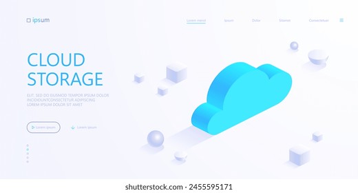 Blue cloud icon in isometric view. Cloud storage technology, internet data services, networking, business communication, secure of information concept. Vector visualization of business presentation