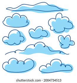 Blue cloud icon set. Hand drawn vector illustration. Cute and beautiful cloud icon.