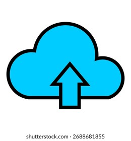 Ícone de nuvem azul com seta para cima, simbolizando upload e transferência de dados, perfeito para computação em nuvem, serviços digitais, interfaces de aplicativos ou ativos de marca de tecnologia.
