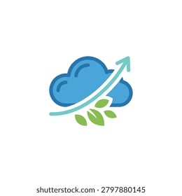 Blue cloud icon with upward arrow and leaves.