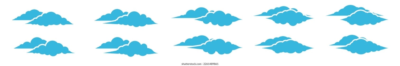 Blaue Cloud-Symbole gesetzt. Cumulus Cloud in Linien- und Flachstil. Wolkenformen oder Blue-Sky-Symbol-Kollektion für Apps und Websites, Vektorgrafik