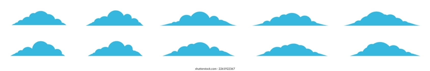 Blue cloud icons set. Cumulus cloud in line and flat style. Cloud shapes or blue sky symbol collection for apps and websites, vector illustration