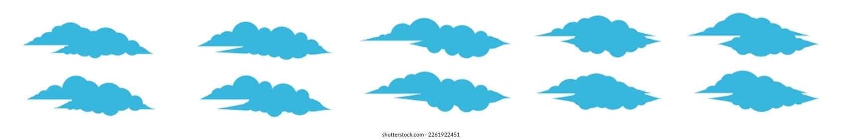 Blue cloud icons set. Cumulus cloud in line and flat style. Cloud shapes or blue sky symbol collection for apps and websites, vector illustration