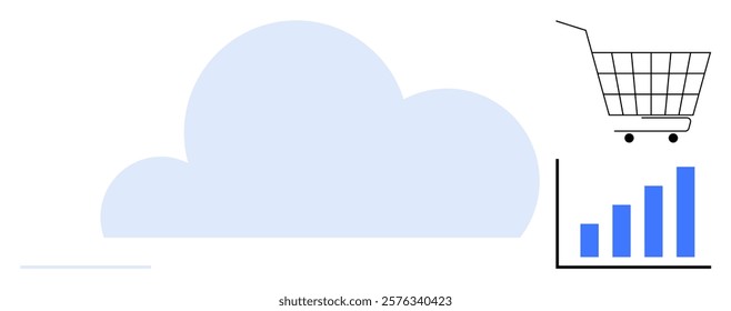 A blue cloud image with a black shopping cart above a bar graph trending up. Ideal for e-commerce, cloud technology, online sales, business growth, and data analysis themes. Simple, clean