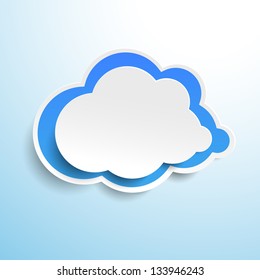 Blue cloud label design on cyan background.