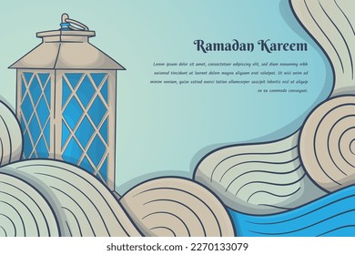 Blue cloud with lantern in hand drawn illustration design for ramadan kareem template