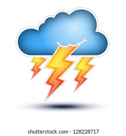 Blue Cloud with Lightning signs for Bad Weather  Cloud Icon with lightning signs on white background, Button Concept on white background