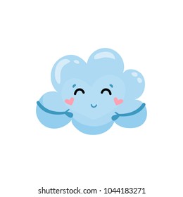 Blue cloud with little hands, charming face and hearts on cheeks. Cartoon weather character. Flat vector element for mobile meteorology app or social network sticker