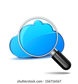 blue cloud with magnifying glass isolated in the foreground