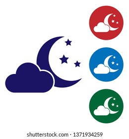 Blue Cloud with moon and stars icon isolated on white background. Cloudy night sign. Sleep dreams symbol. Night or bed time sign. Set color icon in circle buttons. Vector Illustration