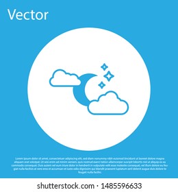 Blue Cloud with moon and stars icon isolated on blue background. Cloudy night sign. Sleep dreams symbol. Night or bed time sign. White circle button. Vector Illustration