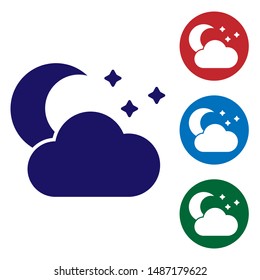 Blue Cloud with moon and stars icon isolated on white background. Cloudy night sign. Sleep dreams symbol. Night or bed time sign. Set color icons in circle buttons. Vector Illustration