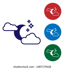 Blue Cloud with moon and stars icon isolated on white background. Cloudy night sign. Sleep dreams symbol. Night or bed time sign. Set color icons in circle buttons. Vector Illustration