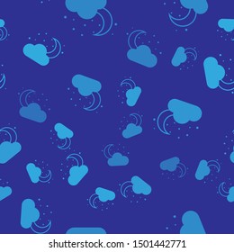 Blue Cloud with moon and stars icon isolated seamless pattern on blue background. Cloudy night sign. Sleep dreams symbol. Night or bed time sign.  Vector Illustration