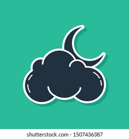 Blue Cloud with moon and stars icon isolated on green background. Cloudy night sign. Sleep dreams symbol. Night or bed time sign.  Vector Illustration