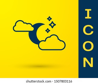 Blue Cloud with moon and stars icon isolated on yellow background. Cloudy night sign. Sleep dreams symbol. Night or bed time sign.  Vector Illustration